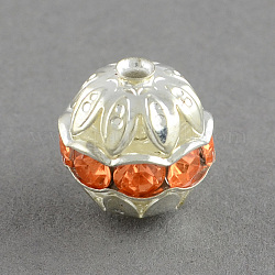 Round Brass Glass Rhinestone Beads, Silver, Coral, 7x6mm, Hole: 1mm