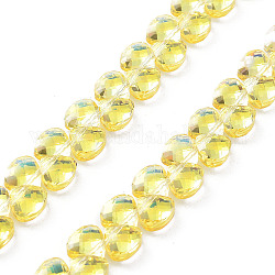 Abalorios de vidrio electroplate hebras, facetados, lleno chapado, amarillo, 9x10x5mm, agujero: 1 mm, aproximamente 100 pcs / cadena, 23.62'' (60 cm)