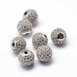 Perles de zircone cubique de placage de rack en laiton, Plaqué longue durée, ronde, platine, 9.5~10x9~9.5mm, Trou: 2mm