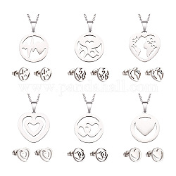 Kissitty 6 Sets 6 Style Valentine's Day Heart Jewelry Set, 304 Stainless Steel Pendant Necklace and Stud Earrings for Women, Stainless Steel Color, 17.83 inch(45.3cm), 10x10mm, Pin: 0.7mm, 1 Set/style
