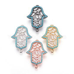 Brass Micro Pave Cubic Zirconia Links, Hamsa Hand/Hand of Fatima/Hand of Miriam, Colorful, Mixed Color, 23x16x2.5mm, Hole: 1mm
