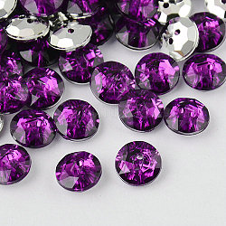 Botones redondos planos del diamante artificial de acrílico de Taiwán de 2-agujero, facetado y plateado plateado hacia atrás, púrpura, 11.5x4.5mm, agujero: 1 mm