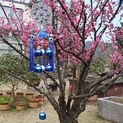 Carillon éolien mauvais œil, avec les accessoires en alliage, pour décoration suspendue de cour de jardin, fleur, bleu, 580mm