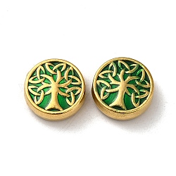 304 Stainless Steel Enamel Beads, Flat Round with Tree of Life, Real 18K Gold Plated, 11x4mm, Hole: 1mm