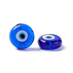 Hechos a mano de los abalorios del lampwork del ojo malvado, medio-perforado, plano y redondo, azul, 12~12.5x5mm, agujero: 1.2 mm