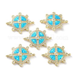 Rack Plating Brass Micro Pave Clear Cubic Zirconia Connector Charms, Flat Round Links with Cyan Synthetic Opal, Cadmium Free & Lead Free, Long-Lasting Plated, Real 18K Gold Plated, 19x23x3mm, Hole: 1mm