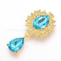 Alloy Flat Back Cabochons, with Acrylic Rhinestones, Oval and Teardrop, Golden, Faceted, Deep Sky Blue, 56x28x6mm, Pendant: 23x14x6mm