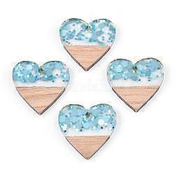 Pendentifs en résine transparente et bois blanc, breloques coeur avec paillettes, lumière bleu ciel, 24x25x3.5~4mm, Trou: 2mm