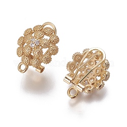 Brass Micro Pave Cubic Zirconia Stud Earring Findings, French Clip Earrings, with Loop, Flower, Clear, Golden, 19x14.5x12mm, Hole: 1.8mm, Pin: 0.7mm