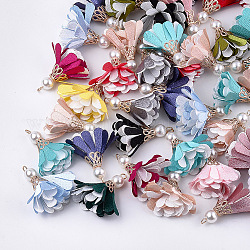 Pendentifs en tissu, avec des chapeaux de perles en fer plaqué or clair et des perles d'imitation en plastique ABS, fleur, couleur mixte, 35~37x18~35mm, Trou: 2~3mm