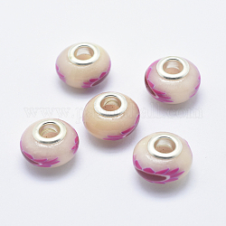Perles européennes artisanales en pâte de polymère, avec noyaux en laiton plaqué couleur argent, Perles avec un grand trou   , rondelle avec motif de fleurs, blush lavande, 13~16x8~11mm, Trou: 4.5~5mm