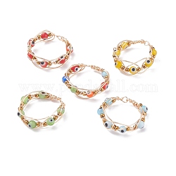 Round Evil Eye Lampwork Braided Bead Finger Ring, Copper Wire Wrap Jewelry for Women, Mixed Color, US Size 8 1/2(18.5mm)