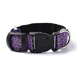 Adjustable Polyester LED Dog Collar, with Water Resistant Flashing Light and Plastic Buckle, Built-in Battery, Leopard Print Pattern, Purple, 355~535mm