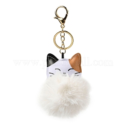 Imitation Rex Rabbit Fur Ball & PU Leather Cat Pendant Keychain, with Alloy Clasp, for Bag Car Pendant Decoration, White, 16cm