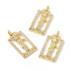 Rack Plating Brass Micro Pave Clear Cubic Zirconia Pendants, Long-Lasting Plated, Cadmium Free & Lead Free, Rectangle with Sun & Death, Real 18K Gold Plated, 38.5x22.5x2.5mm, Hole: 5x2.5mm