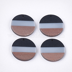 Tri-color Resin & Walnut Wood Pendants, Flat Round, Black, 28x3.5mm, Hole: 2mm
