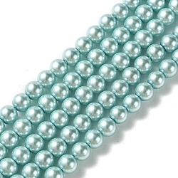 Grade A Glass Pearl Beads, Pearlized, Round, Light Blue, 6mm, Hole: 0.7~1mm, about 68pcs/Strand, 16''(40.64cm)
