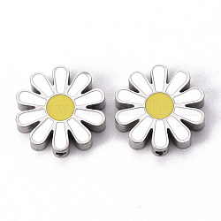304 Stainless Steel Enamel Beads, Daisy, White, Stainless Steel Color, 17x17x3.5mm, Hole: 1.6mm