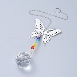 Cristal lustre suncatchers prismes chakra pendentif suspendu, avec des chaînes de câble de fer, perles de verre et pendentifs en laiton, papillon et rond, clair, 320mm