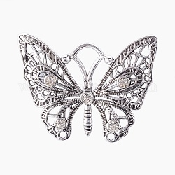 Tibetan Style Alloy Rhinestone Big Pendants, Butterfly, Crystal, Antique Silver, 45x58x4.5mm, Hole: 2.5mm and 9x9mm