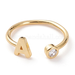 Brass Micro Pave Clear Cubic Zirconia Cuff Rings, Open Rings, Long-Lasting Plated, Real 18K Gold Plated, Letter.A, US Size 6, Inner Diameter: 17mm