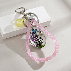 Porte-clés arbre de vie en fleurs séchées et en verre de forme ovale, avec les principaux anneaux de fer, pour accessoires de sac, jaune, 15 cm