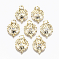 Alloy Charms, with Crystal Rhinestone, Cadmium Free & Nickel Free & Lead Free, Textured Flat Round with Eye, Real 18K Gold Plated, 14.5x21x4mm, Hole: 3mm