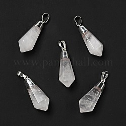 Pendentifs pointus en cristal de quartz naturel, avec les accessoires en laiton de tonalité argent, balle, 35~36.5x13~13.5x12mm, Trou: 5x7mm