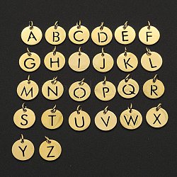 201 Edelstahl Anhänger / charms, Laserschnitt, mit Ringe springen, flach rund mit Alphabet a~z, golden, 12x12x1 mm, Bohrung: 3 mm, 26 Stück / Set