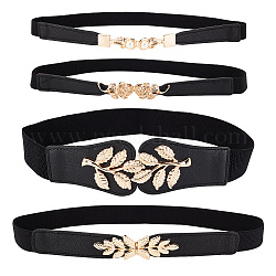 AHADERMAKER 4Pcs 4 Style Imitation Leather Elastic Chain Belt, Resin Pearl & Alloy Leaf Clasp Waist Belt for Shirt Dress Overcoat, Black, 25.39~26.38 inch(645~670mm), 1Pc/style
