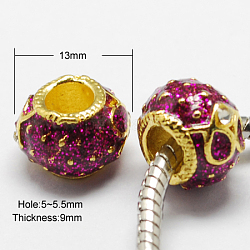 Alloy Enamel Beads, with Grade A Rhinestones and Glitter Powder, Large Hole Beads, Rondelle, Golden, Purple, 13x9mm, Hole: 5~5.5mm