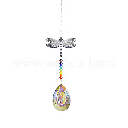 Crystals Chandelier Suncatchers Prisms Chakra Hanging Pendant, with Iron Cable Chains, Glass Beads and Dragonfly Brass Pendant, Teardrop Pattern, 350mm, Teardrop: 50x35mm, Dragonfly: 45x60mm