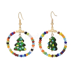 Bague en perles de verre avec boucles d'oreilles pendantes sapin de Noël au chalumeau, bijoux en laiton pour femmes, colorées, 52mm, pin: 0.8 mm
