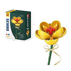 Hibiskus Topfblumen Bausteine, mit Band, DIY künstlicher Blumenstrauß Bauklötze Spielzeug für Kinder, golden, 120x90x58 mm