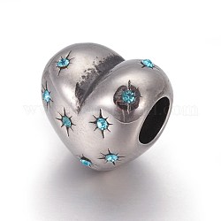 Perles européennes en 304 acier inoxydable, Perles avec un grand trou   , avec strass, coeur avec l'étoile, argent antique, aigue-marine, 10.5x11x9mm, Trou: 4.5mm
