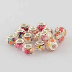Large Hole Printed Acrylic European Beads, with Silver Tone Brass Double Cores, Faceted Rondelle, Hot Pink, 14x9mm, Hole: 5mm