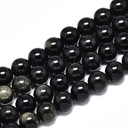 Perles de brins d'obsidienne à reflets dorés naturels, ronde, 10mm, Trou: 1.2mm, Environ 39 pcs/chapelet, 14.96 pouce ~ 15.75 pouces (38~40 cm)