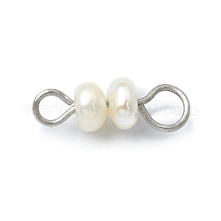 Ciondoli connettore perla d'acqua dolce coltivata naturale, collegamenti di patate, con doppi anelli in ottone placcato color acciaio inossidabile, bianco, 13x4.5x4mm, Foro: 1.8 mm e 3 mm
