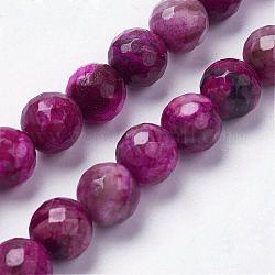 Chapelets de perles de feuille d'argent en jaspe naturel, teinte, ronde, facette, support violet rouge, 8~8.5mm, Trou: 1mm, Environ 24 pcs/chapelet, 7.7 pouce (19.8 cm)