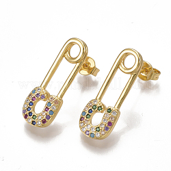 Brass Micro Pave Cubic Zirconia(Random Mixed Color) Ear Studs, with Ear Nuts, Safety Pin Shape, Golden, 22x8mm, Pin: 0.6mm