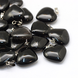 Cuore ciondoli in pietra neri naturali, con i risultati in ottone tono platino, 20~22x20~21x5~8mm, Foro: 2x7 mm