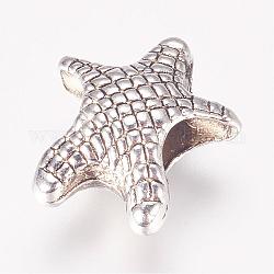 Perline in lega europeo, perline con foro grande, stelle marine / stelle marine, argento antico, 14x12.5x7mm, Foro: 5 mm