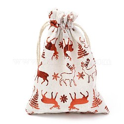 Borsa in tessuto di cotone a tema natalizio, borse coulisse, per gli ornamenti del regalo della merenda della festa di Natale, Cervo, 14x10cm