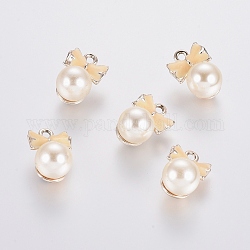 Light Gold Plated Alloy Pendants, with Enamel and Acrylic Imitation Pearl, Bowknot, White, 20x14x13mm, Hole: 2mm