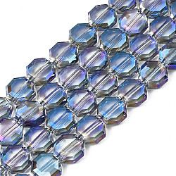 Fili di perle di vetro traslucido placcatura, mezzo placcato, sfaccettato, ottagono, blu fiordaliso, 7~8x7~8x4mm, Foro: 1.2 mm, circa 72pcs/filo, 20.47 pollice (52 cm)