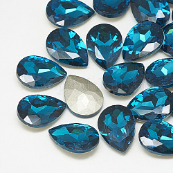 Cabochons en verre avec strass de dos avec point, dos plaqué, facette, larme, bleu capri, 14x10x4.5mm
