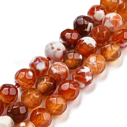 Brins de perles d'agate craquelée de feu naturel teint, ronde à facettes, chocolat, 4mm, Trou: 0.8mm, Environ 94~95 pcs/chapelet, 14.37~14.57 pouce (36.5~37 cm)