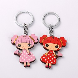 Kawaii Woman's Gift Ideas Platinum Plated Alloy Wooden Little Girl Keychain, Mixed Color, 100x42mm