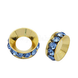 Perline distanziatori strass in ottone, grado a, rondelle, colore metallico oro, zaffiro chiaro, 9x4mm, Foro: 4 mm