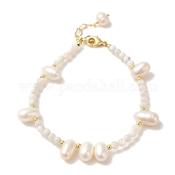 Natural Pearl & Shell Beaded Bracelets, with Brass Clasps, Real 14K Gold Plated, 6-7/8 inch(17.5cm)